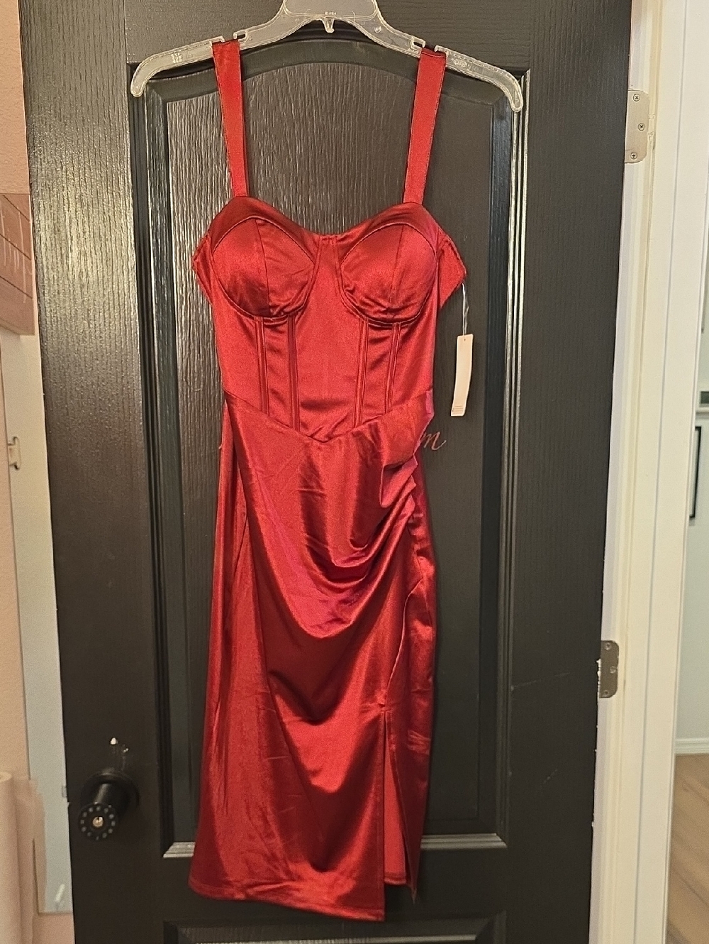 Red Satin Bustier Midi Dress with Draped Skirt and  Straps